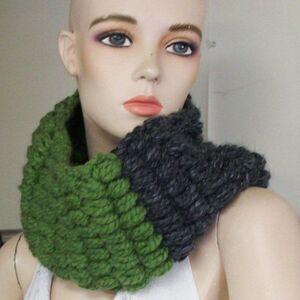 Green & Gray Chunky Cowl Scarf Handmade